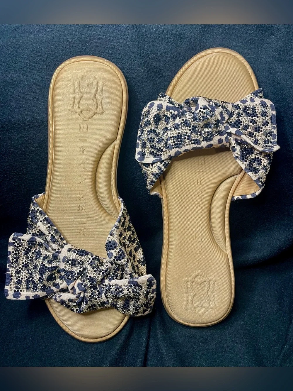 Alex Marie Beige Slide Sandals with Black Animal Print Bow - Picture 1 of 5